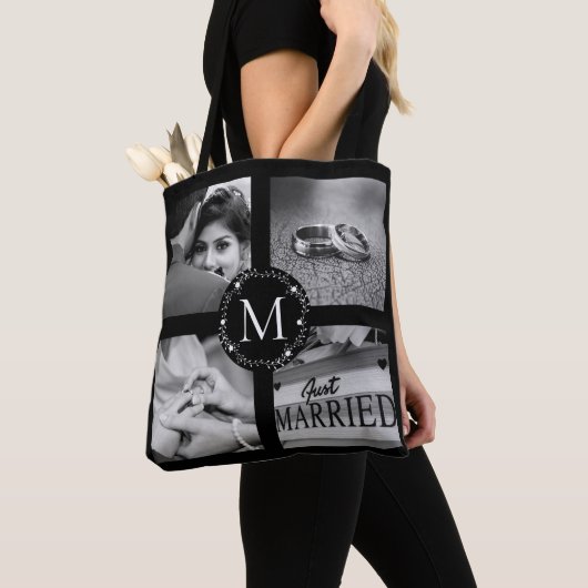 Tote Bag Couronne de collage monogramme avec nom, date Est (De près)