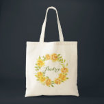 Tote Bag Couronne de demoiselle d'honneur de roses aquarell<br><div class="desc">Un sac fourre-tout botanique lumineux et fantaisiste. Il présente une couronne florale aquarelle de roses jaunes et de pivoines avec des accents de verdure et un script fantaisiste. Personnalisez en ajoutant un monogramme. Ce sac fourre-tout à couronne florale jaune est parfait comme cadeau personnalisé.</div>