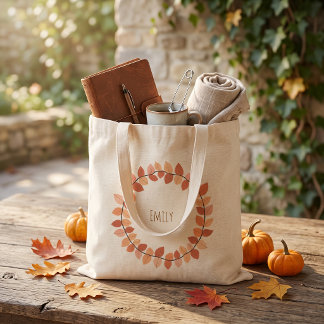 Tote Bag Couronne de feuilles d'automne chaudes avec nom