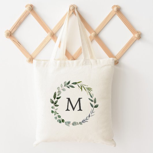 Tote Bag Couronne de feuilles de sauge verte monogrammée 