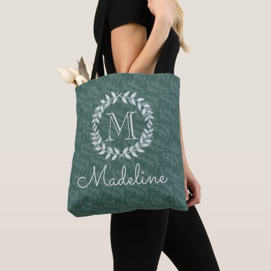 Tote Bag Couronne de monogramme élégante de teinte verte et (De près)