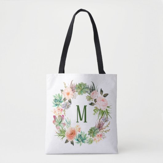 Tote Bag Couronne de monogramme floral de succulentes aquar (Devant)