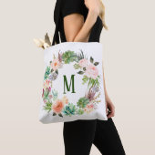 Tote Bag Couronne de monogramme floral de succulentes aquar (De près)