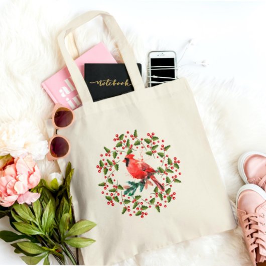 Tote Bag Couronne de Noël et Oiseau rouge