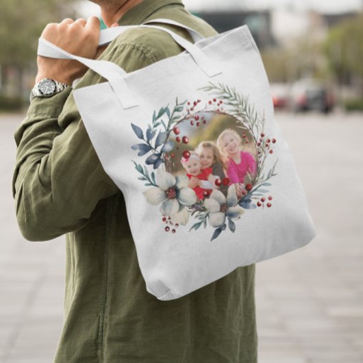 Tote Bag Couronne de Noël, fleurs blanches, baies rouges ph
