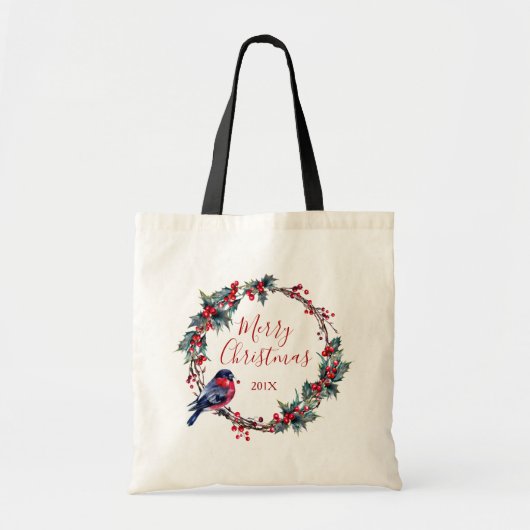 Tote Bag Couronne de Noël Holly et bullfinch (Devant)