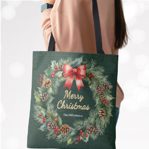 Tote Bag Couronne de Noël personnalisée avec un nœud rouge