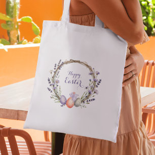 Tote Bag Couronne de Pâques à l'aquarelle lavande Œufs Lapi