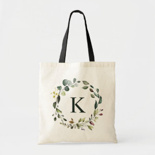 Tote Bag Couronne de verdure à aquarelle Monogramme Demoise
