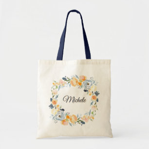 Tote Bag Couronne florale aquarelle bleu marine et pêche co