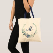 Tote Bag Couronne florale aquarelle bleu monogramme (Devant (produit))