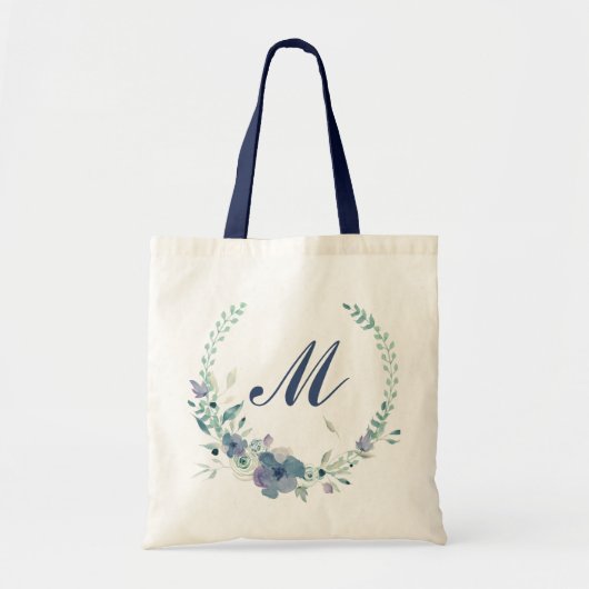 Tote Bag Couronne florale aquarelle bleu monogramme (Devant)