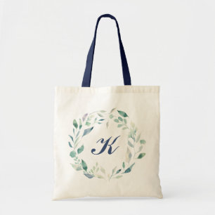 Tote Bag Couronne florale aquarelle bleu monogramme marine