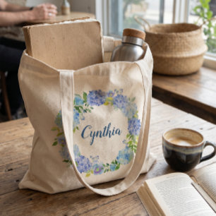 Tote Bag Couronne florale aquarelle Hortensia bleu Demoisel
