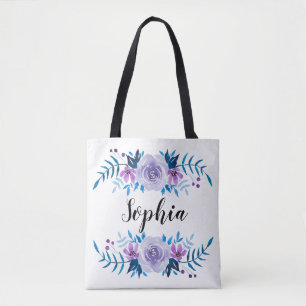 Tote Bag Couronne florale bleu violet aquarelle Texte perso
