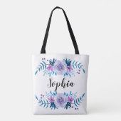 Tote Bag Couronne florale bleue violette aquarelle Texte pe (Dos)