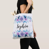 Tote Bag Couronne florale bleue violette aquarelle Texte pe (De près)