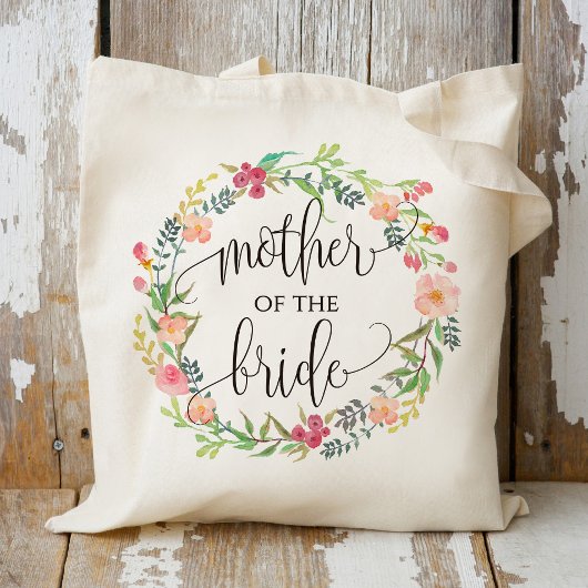 Tote Bag Couronne florale, Mère de la mariée, Calligraphie-