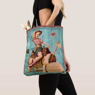 Tote Bag Cow-girl vintage sur le cheval en bois Sittin