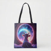 Tote Bag Cow in Space Looking at Earth Whimsical Rainbow (Devant)