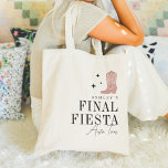 Tote Bag Cowboy Boot Final Fiesta Bachelorette Party<br><div class="desc">Bienvenue amis à votre soirée de bachelorette ou week-end de filles avec ces sacs fourre-tout personnalisés mignons. Design présente une botte de cow-boy rose rose poussiéreuse flanquée de minuscules étoiles, avec le nom de la mariée, "Final Fiesta", et votre destination (montré avec Austin, Texas) alignée à droite en lettrage serif...</div>