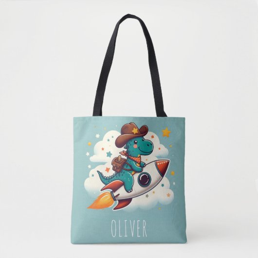 Tote Bag Cowboy Dinosaure de l'Espace à Cheval sur une Fusé (Devant)