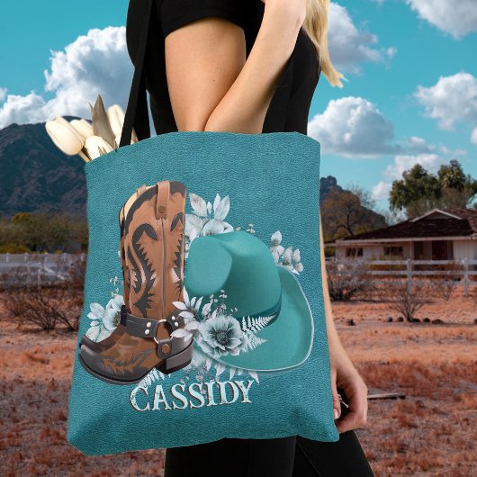 Tote Bag Cowgirl cowboy bottes casquette turquoise nom en c