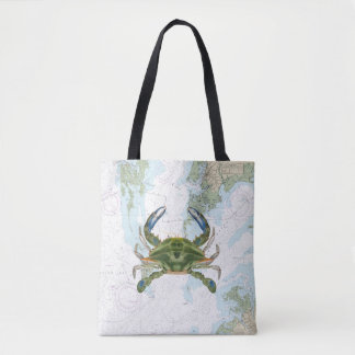 Tote Bag Crabe bleu avec carte marine de la baie Chesapeake