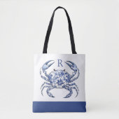 Tote Bag Crabe Bleu Monogramme Nautical Coastal (Devant)