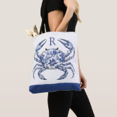 Tote Bag Crabe Bleu Monogramme Nautical Coastal (De près)