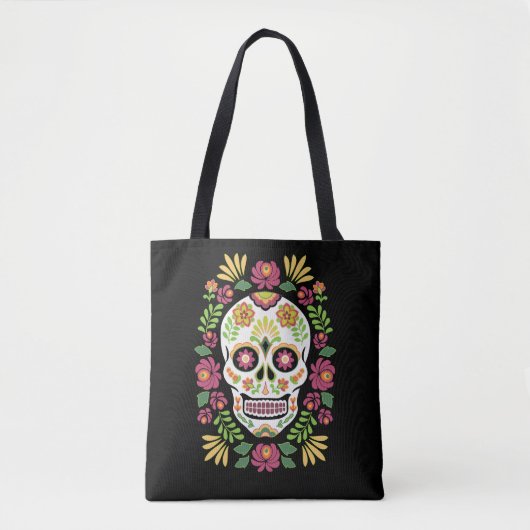 Tote Bag Crâne à sucre folklorique mexicain et Rose (Devant)