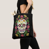 Tote Bag Crâne à sucre folklorique mexicain et Rose (De près)