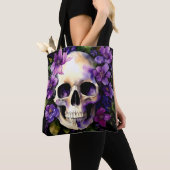 Tote Bag Crâne aux fleurs violettes Goth Aquarelle (De près)