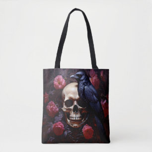 Tote Bag Crâne avec corbeau et Rose