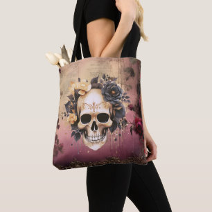 Tote Bag Crâne avec des fleurs bleues et dorées Halloween