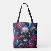 Tote Bag Crâne avec papillons bleus et roses rouges Goth (Dos)