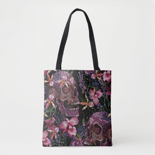 Tote Bag Crâne brodé : Motif gothique de l'orchidée (Devant)