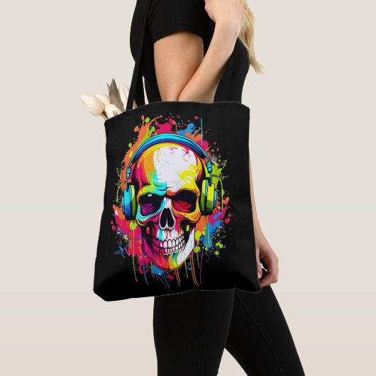 Tote Bag Crâne coloré portant un casque (De près)