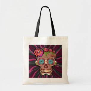 Tote Bag Crâne de sucre en bois sculpté avec couronne fleur