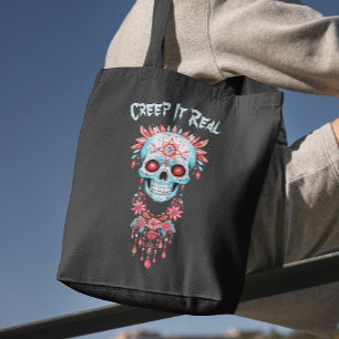 Tote Bag Crâne de sucre floral effrayant drôle d'Halloween