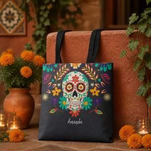 Tote Bag Crâne de sucre floral Jour des Morts Noir