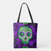 Tote Bag Crâne de sucre vert et violet brillant Halloween (Dos)