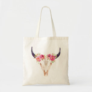 Tote Bag Crâne de Taureau avec les fleurs roses