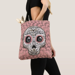 Tote Bag Crâne en sucre rose et or et cœurs fantaisistes mi
