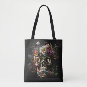 Tote Bag Crâne floral Goth Pagan Monogramme Initiales