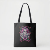 Tote Bag Crâne floral, squelette aquarelle rose, Halloween. (Devant)
