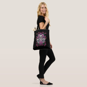 Tote Bag Crâne floral, squelette aquarelle rose, Halloween.