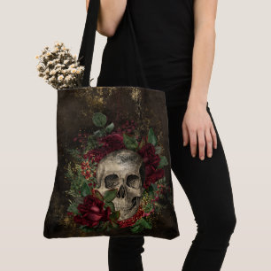 Tote Bag Crâne gothique affligé parmi des roses sur le cuir