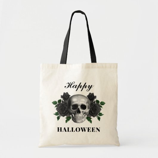Tote Bag Crâne gothique et Roses noirs heureux Halloween (Devant)