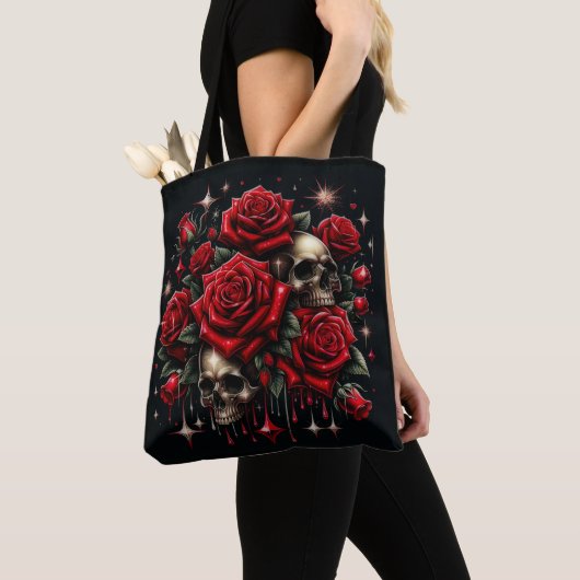 Tote Bag Crânes dorés & Roses rouges scintillent Glamour go (De près)